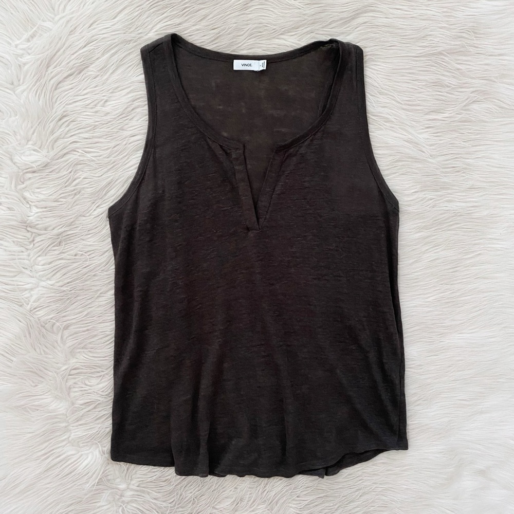 Vince 100% Linen Olive Green Brown Lightweight Split Neck Racerback Tank Top